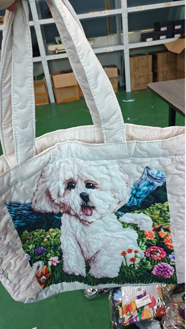 Quilted Tote Bag – White Puppy & Wildflowers