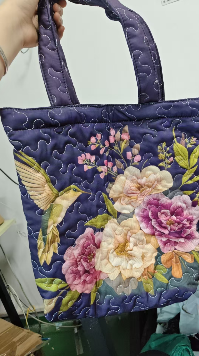 Quilted Tote Bag – Hummingbird & Peonies