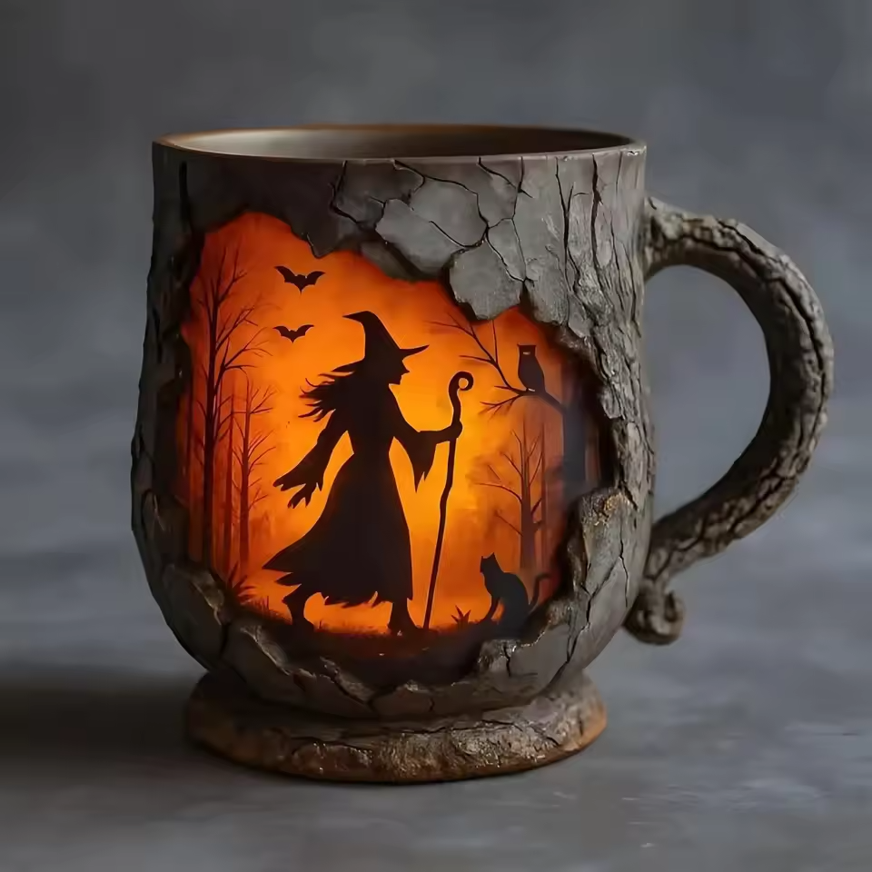 3D Halloween Handmade Mug – with Witch and Cat Design