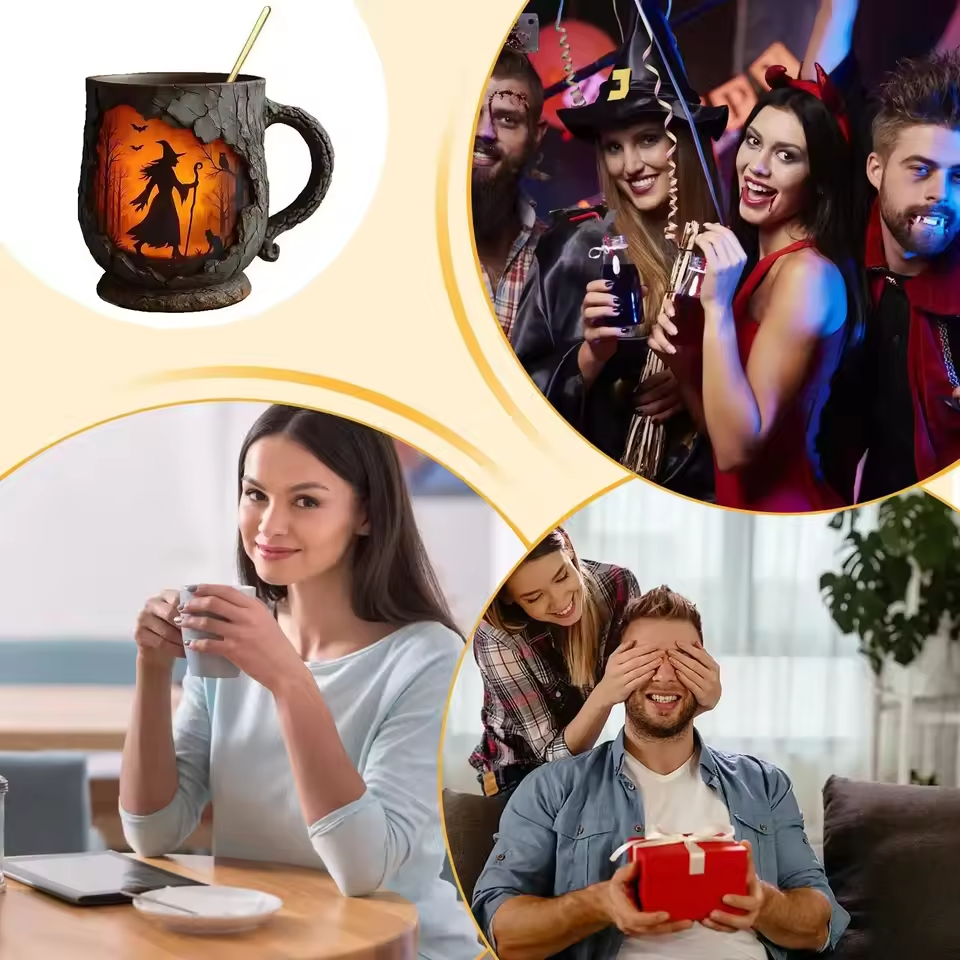 3D Halloween Handmade Mug – with Witch and Cat Design